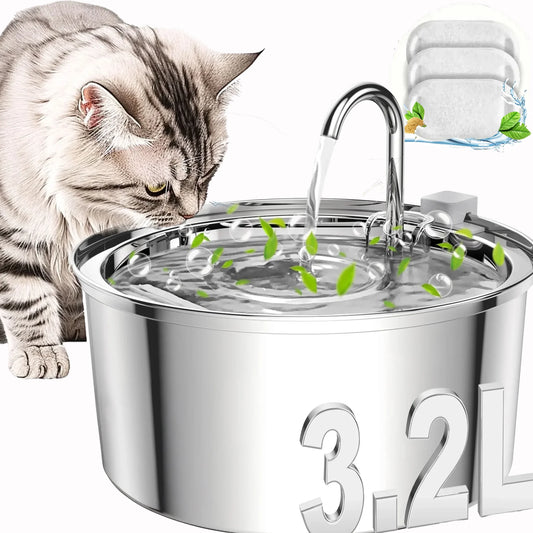3.2L/108Oz Cat Water Fountain Stainless Steel with 3 Replacement Filters, Automatic Pet Fountain Dispenser for Cats Dogs, with Ultra-Quiet Pump